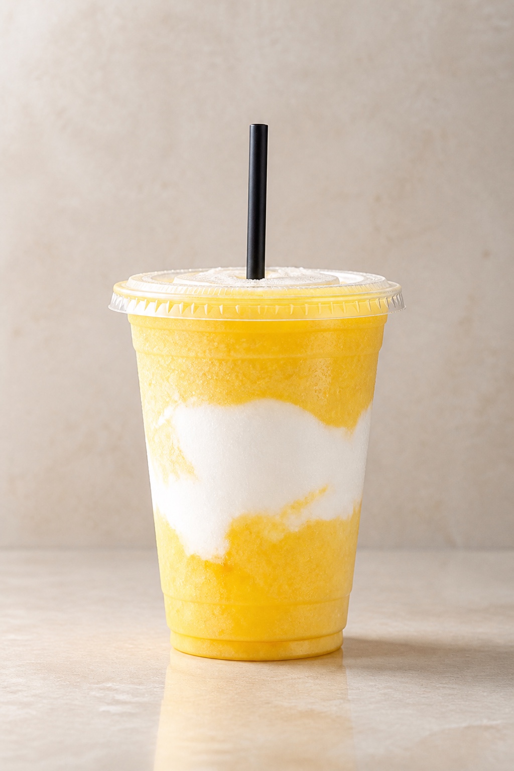 Yellow-and-white Coconut Colada shake in an unbranded clear cup on warm stone