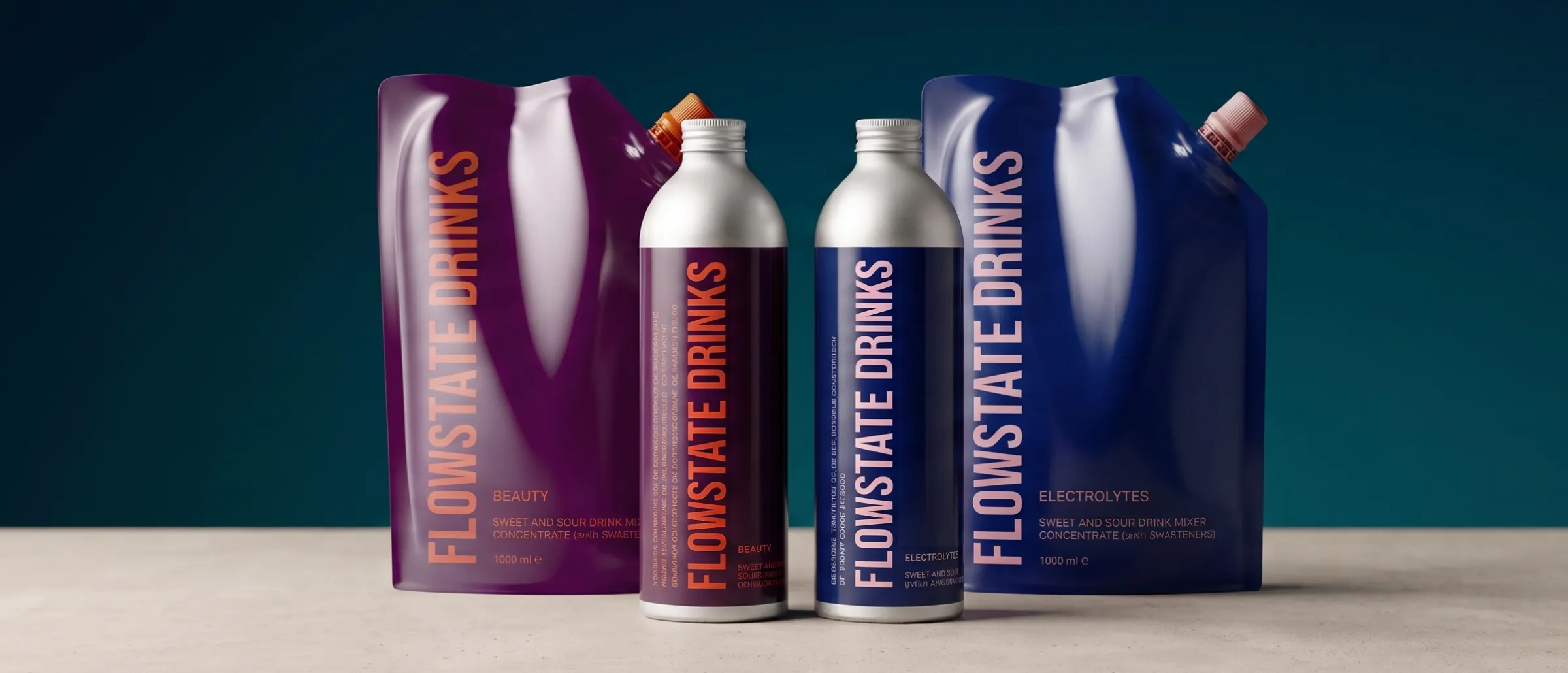 Flowstate Drinks Beauty and Electrolytes 1L pouches with aluminium refill bottles