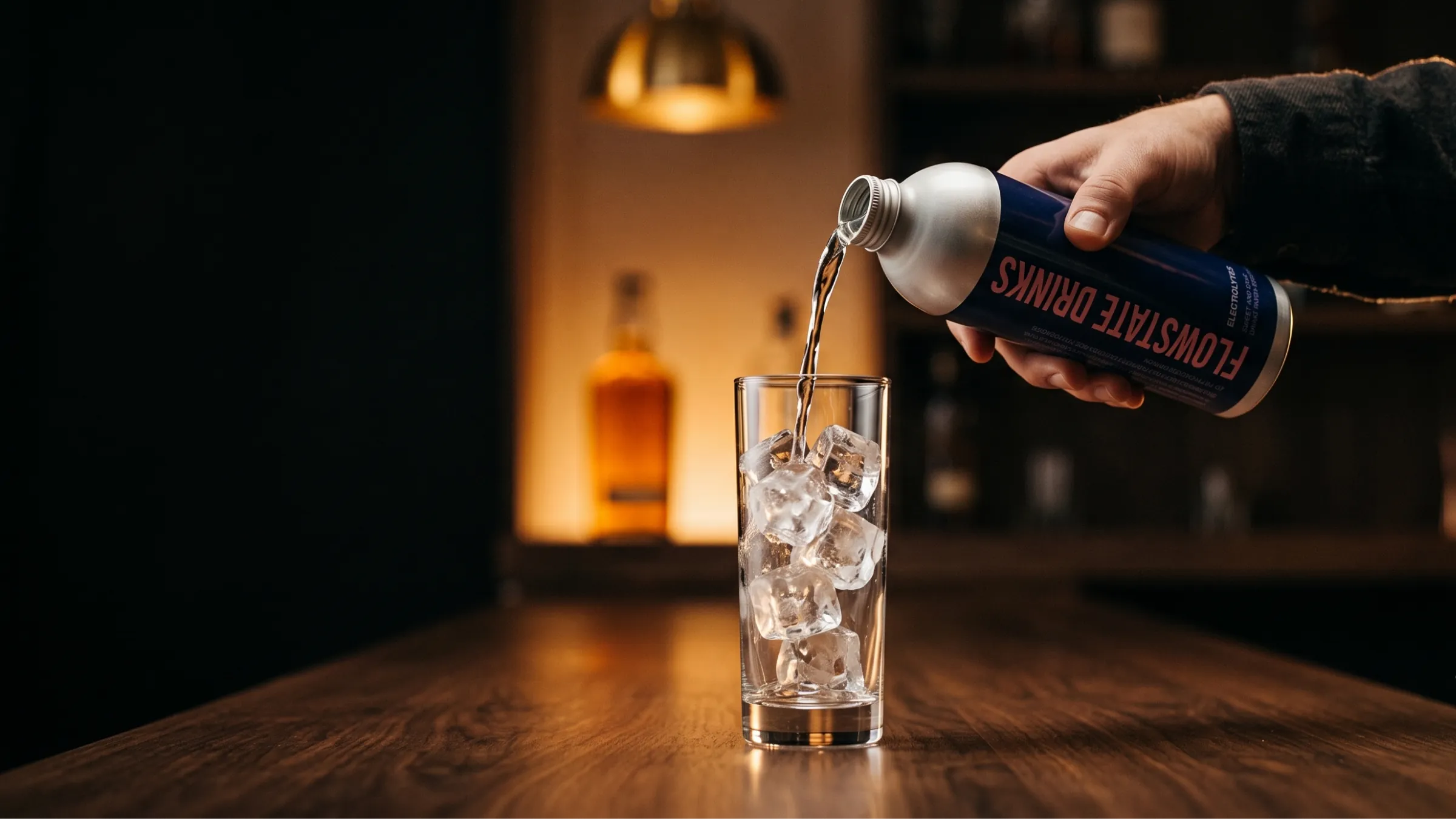 Bartender pouring Flowstate Electrolytes from the aluminium bottle into a highball over ice